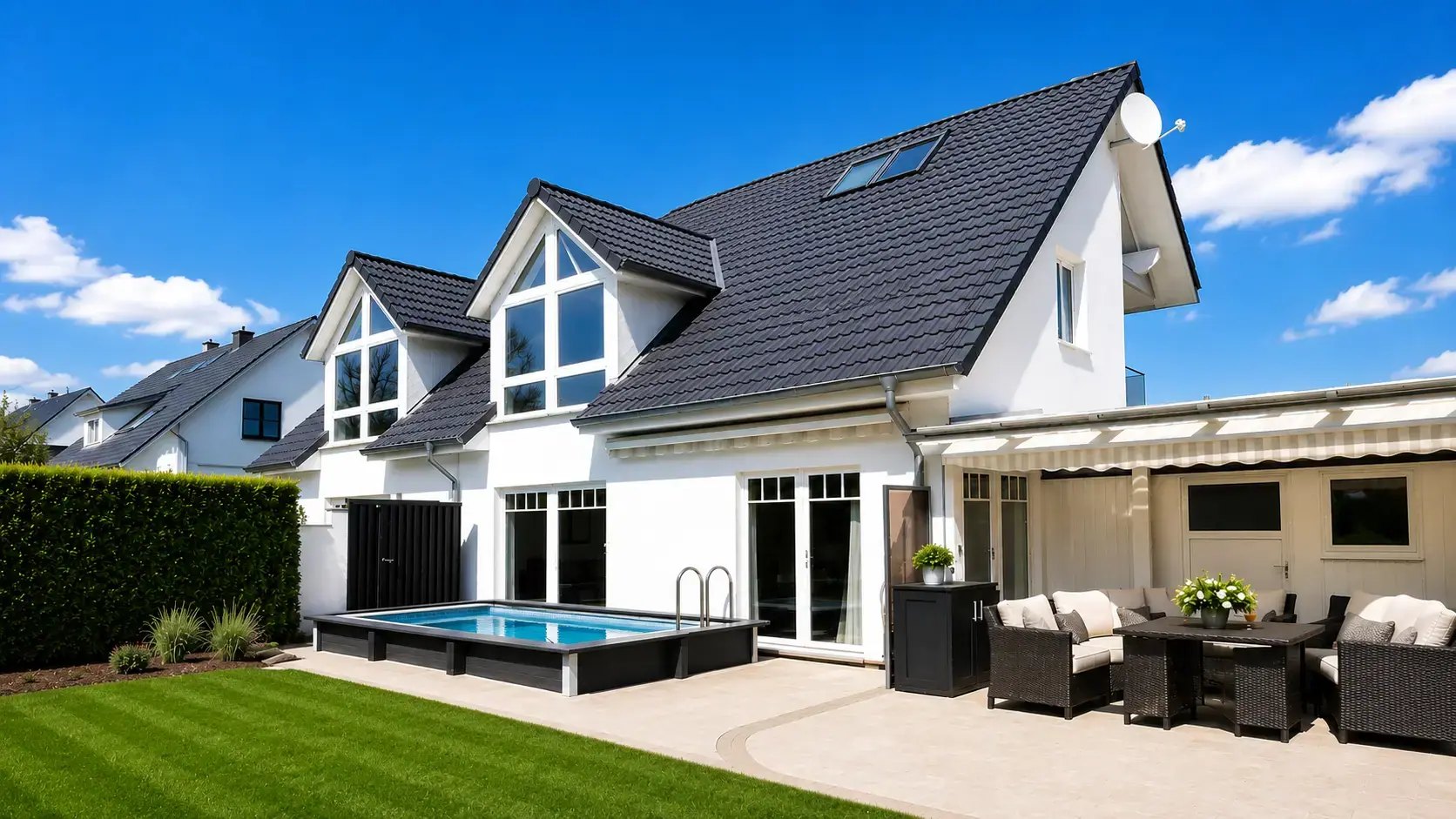 Ferienhaus in Travemünde mit Pool, Terrasse und Garten unter blauem Himmel
